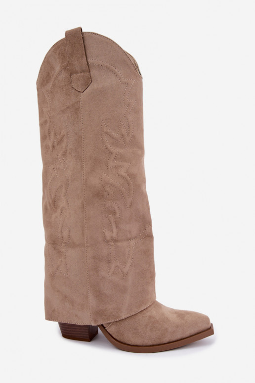 Botas altas de estilo cowboy para mujer con tacones y caña bordada en color arena Terise