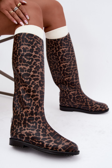 Botas de goma altas para mujer con tacones anchos y estampado de leopardo en color negro Melianne