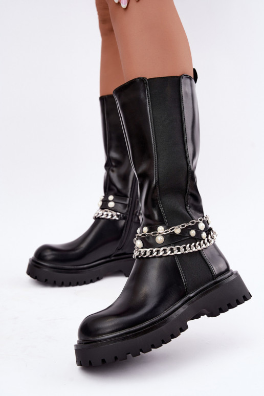 Botas altas y cálidas con plataforma y cadenas en negro Doremi