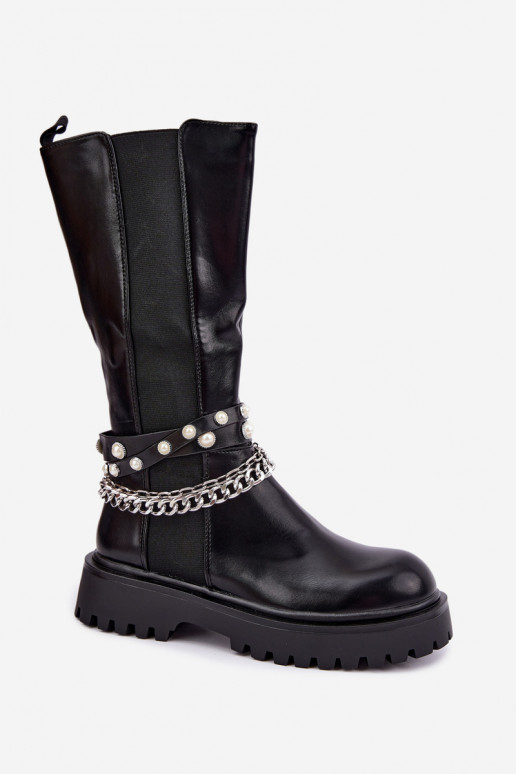Botas altas y cálidas con plataforma y cadenas en negro Doremi