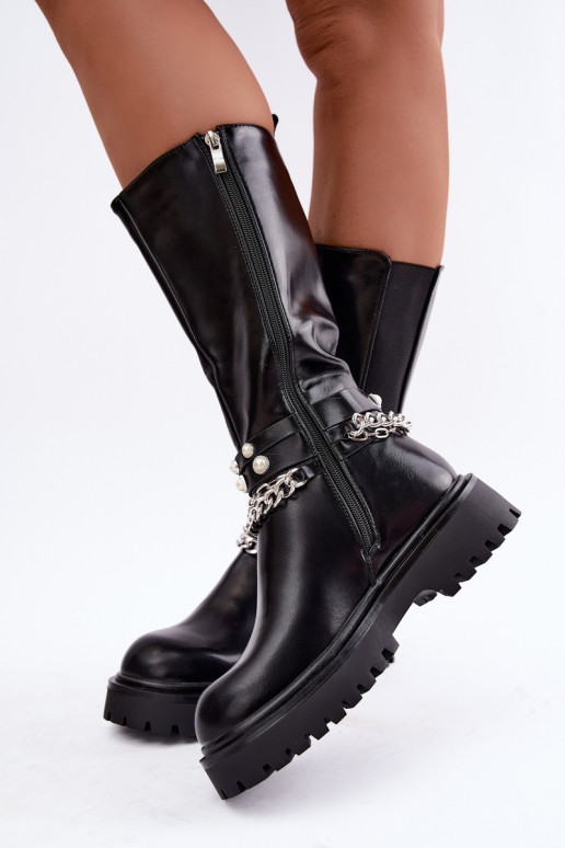 Botas altas y cálidas con plataforma y cadenas en negro Doremi
