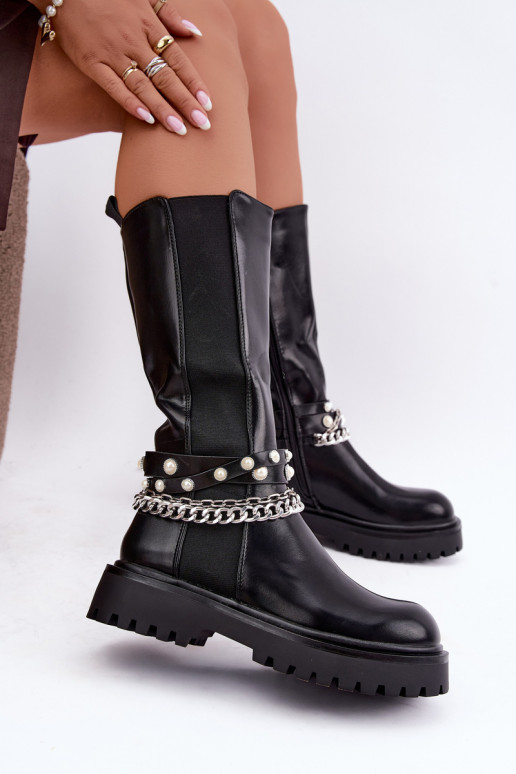 Botas altas y cálidas con plataforma y cadenas en negro Doremi