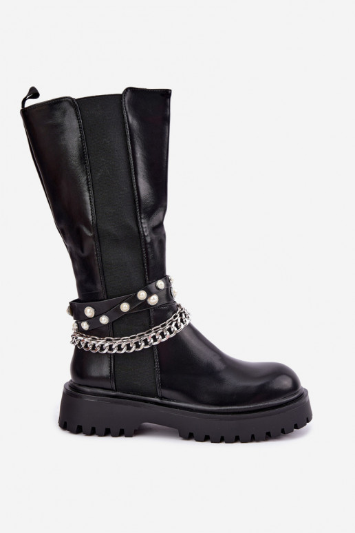 Botas altas y cálidas con plataforma y cadenas en negro Doremi