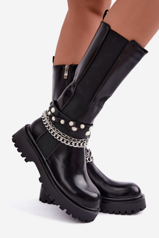 Botas altas y cálidas con plataforma y cadenas en negro Doremi