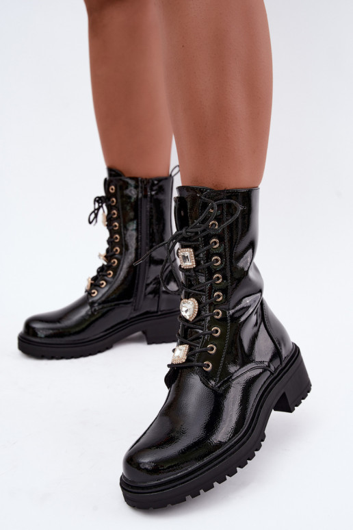 Botines de mujer cálidos con efecto charol en negro Corisande