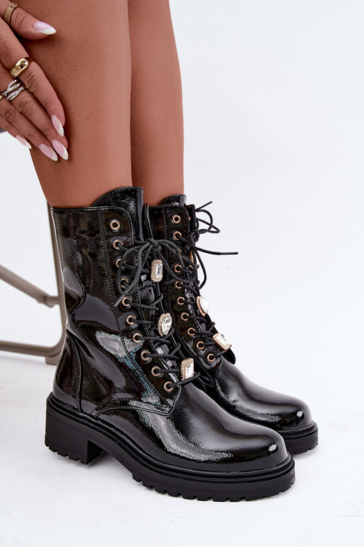 Botines de mujer cálidos con efecto charol en negro Corisande