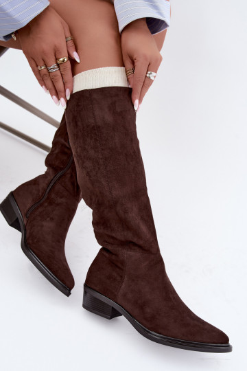 Botas altas de chocolate de ante cálidas con tacón bajo Philomene