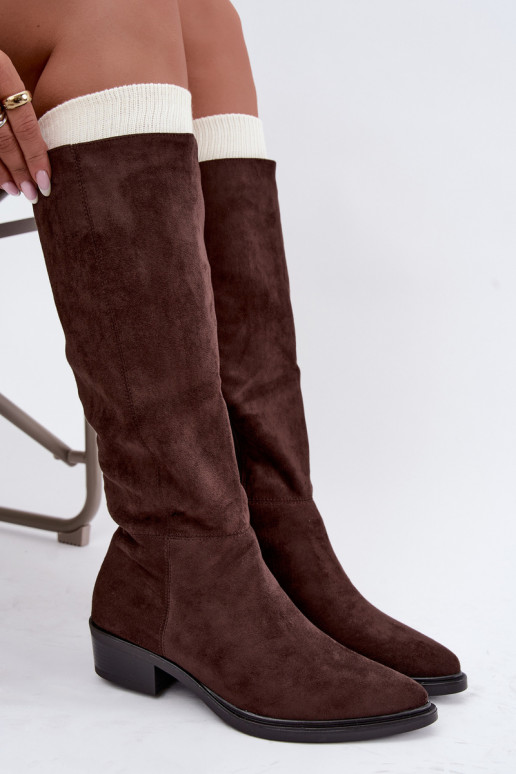 Botas altas de chocolate de ante cálidas con tacón bajo Philomene