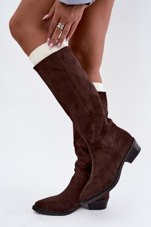 Botas altas de chocolate de ante cálidas con tacón bajo Philomene
