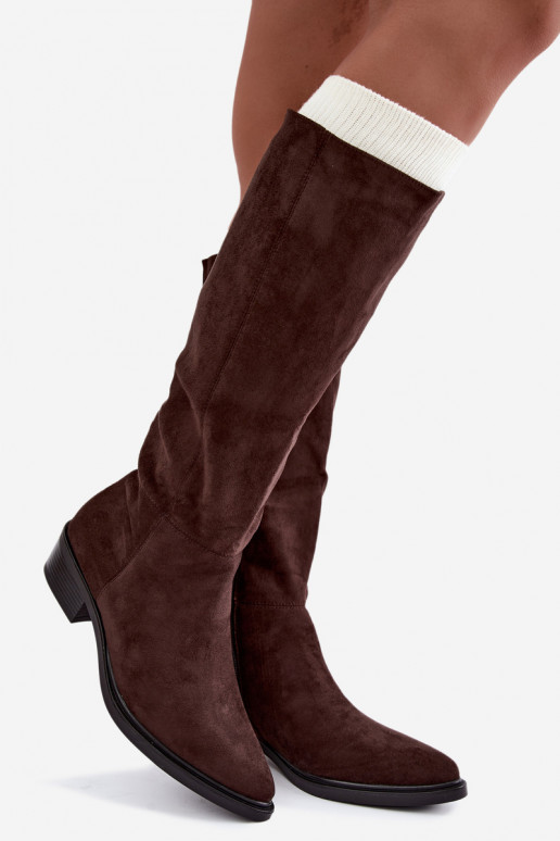 Botas altas de chocolate de ante cálidas con tacón bajo Philomene