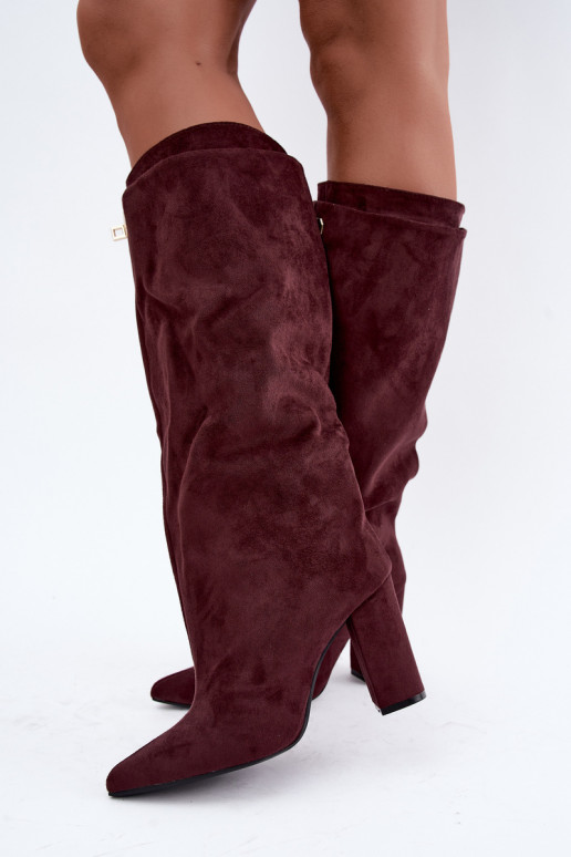 Botas altas forradas con doble caño y tacones de ante burdeos de Luminelle
