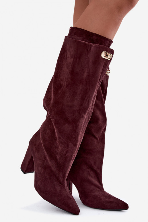 Botas altas forradas con doble caño y tacones de ante burdeos de Luminelle