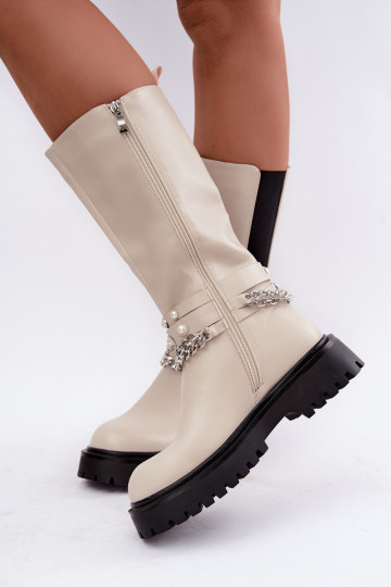 botas altas forradas con plataforma y cadenas en color arena Doremi