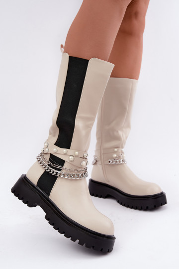 botas altas forradas con plataforma y cadenas en color arena Doremi 2