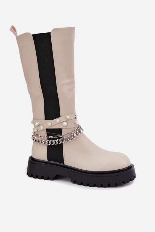 botas altas forradas con plataforma y cadenas en color arena Doremi