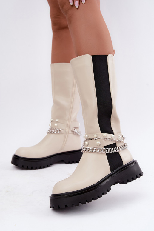 botas altas forradas con plataforma y cadenas en color arena Doremi