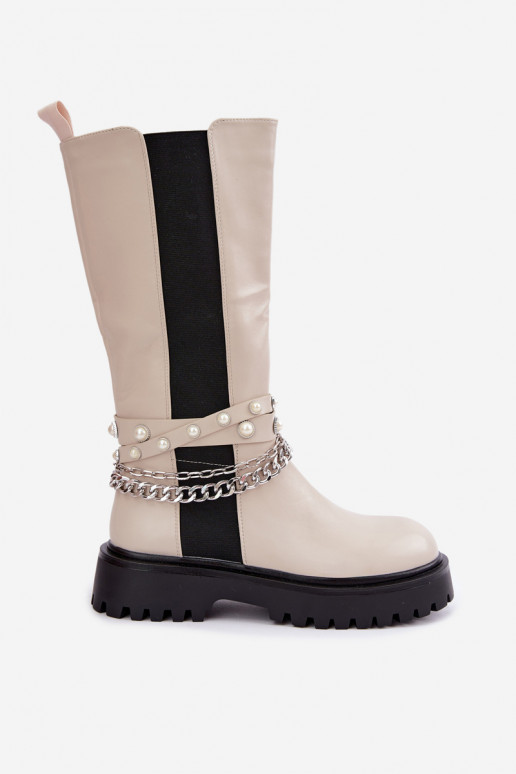 botas altas forradas con plataforma y cadenas en color arena Doremi