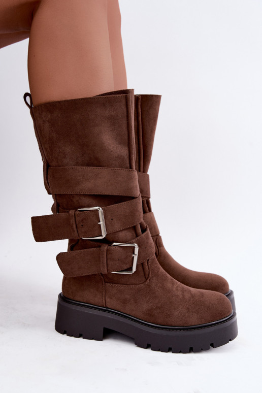 botas altas forradas con plataforma y hebillas en color marrón Palomae