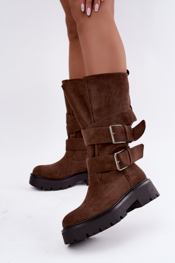 botas altas forradas con plataforma y hebillas en color marrón Palomae 2