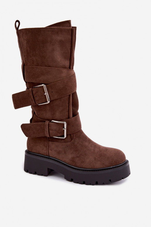 botas altas forradas con plataforma y hebillas en color marrón Palomae