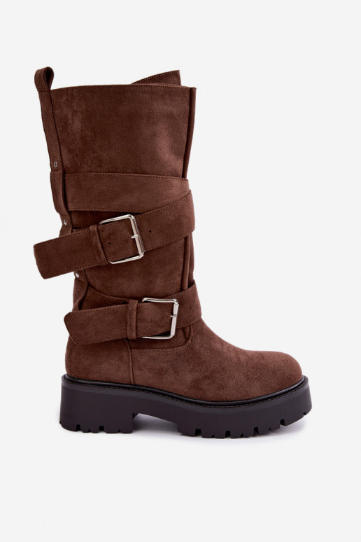 botas altas forradas con plataforma y hebillas en color marrón Palomae