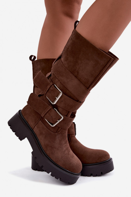 botas altas forradas con plataforma y hebillas en color marrón Palomae