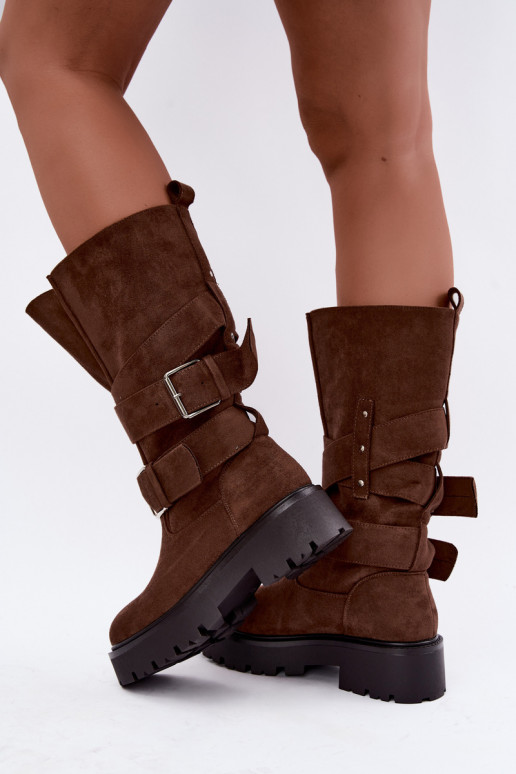 botas altas forradas con plataforma y hebillas en color marrón Palomae