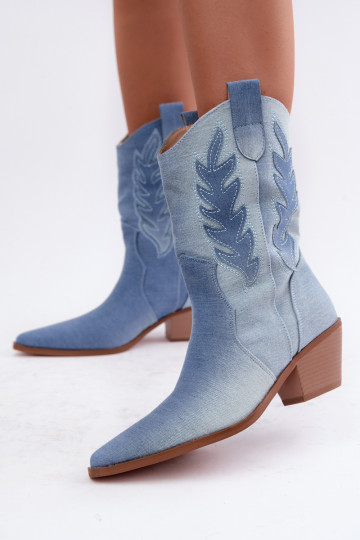 botines de estilo cowboy sin cordones con tacones de tela de mezclilla Ferelle 2