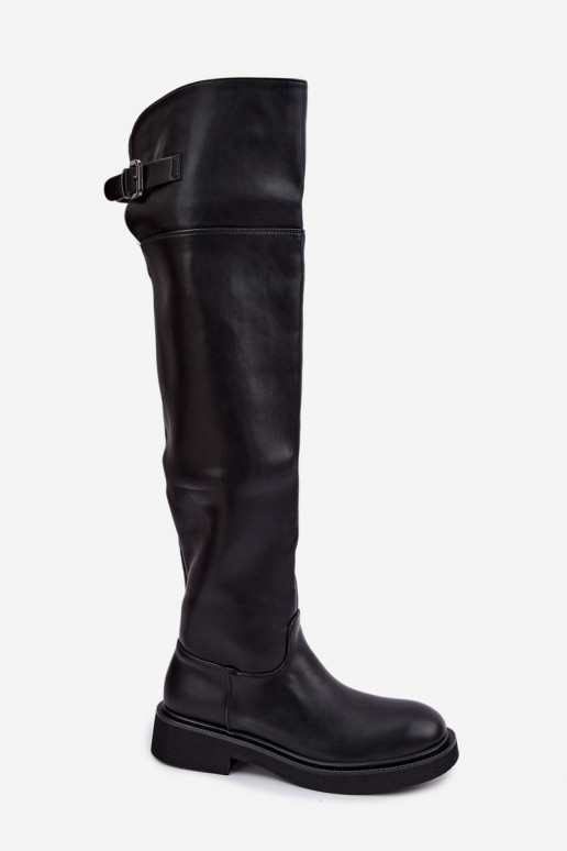 botas altas forradas con tacón plano por encima de la rodilla y hebillas en color negro Bonira