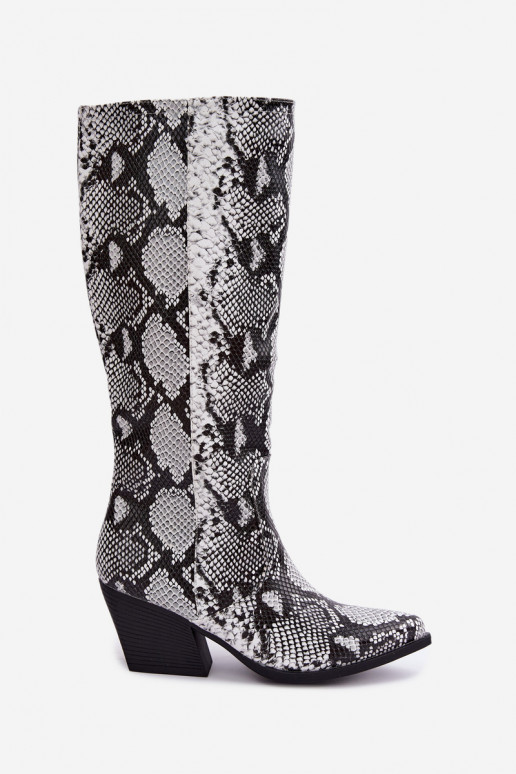 botas altas forradas de estilo cowboy con patrones de serpiente en color negro Bellina