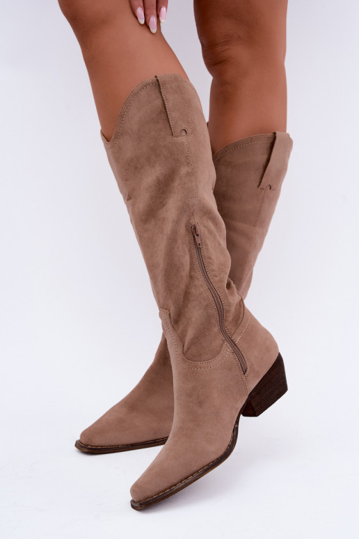 Botas de cowboy beiges de caña alta con tacón bajo Grisel