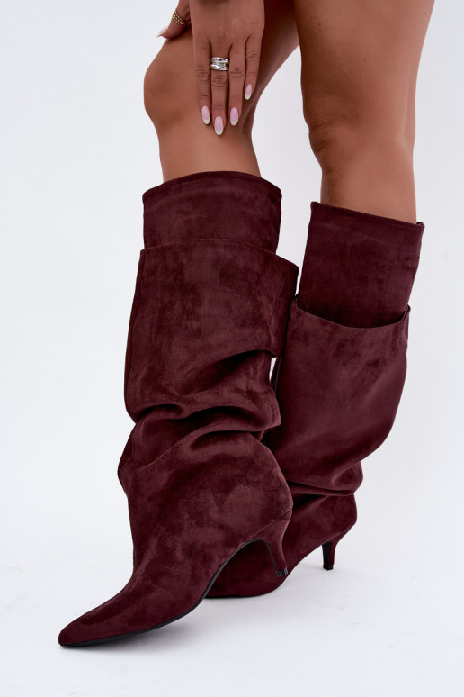 Orielle botas largas calentitas con volantes y tacones en color burdeos
