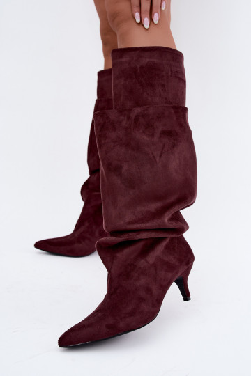 Orielle botas largas calentitas con volantes y tacones en color burdeos 2