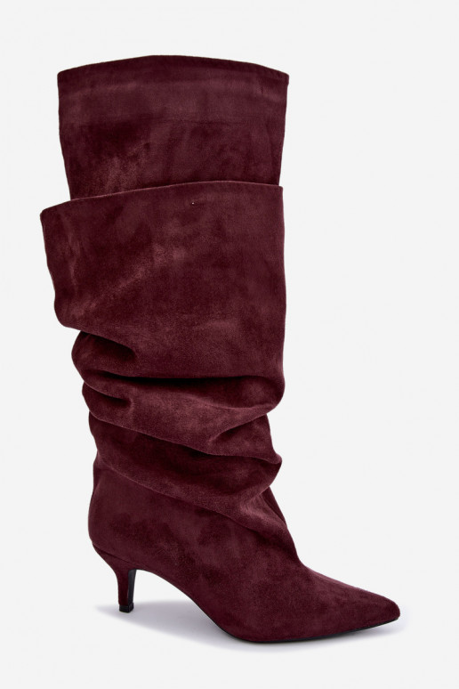 Orielle botas largas calentitas con volantes y tacones en color burdeos