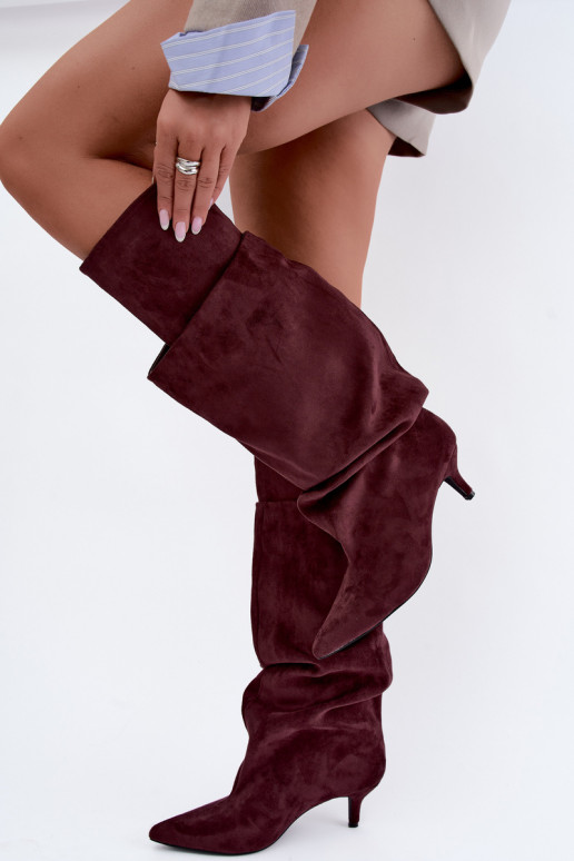 Orielle botas largas calentitas con volantes y tacones en color burdeos
