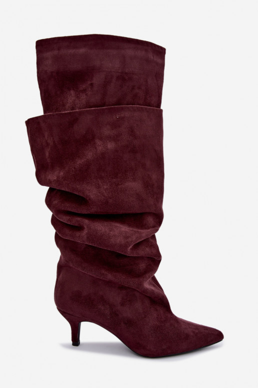 Orielle botas largas calentitas con volantes y tacones en color burdeos
