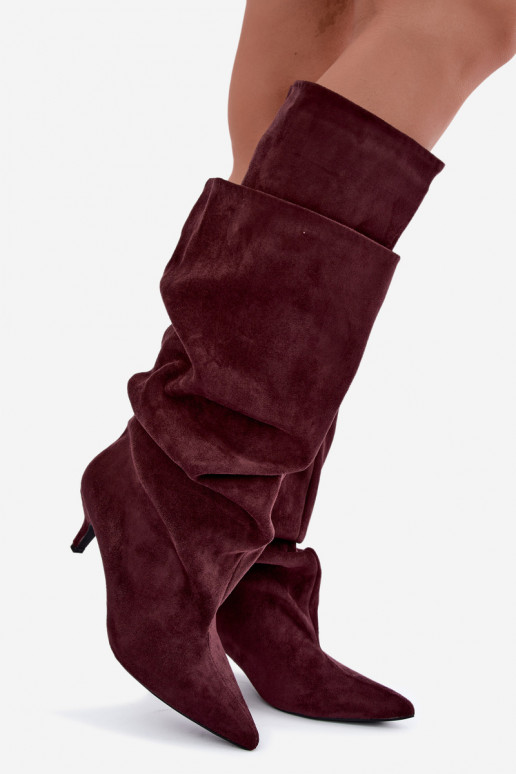 Orielle botas largas calentitas con volantes y tacones en color burdeos