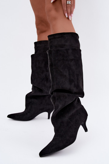 Orielle botas largas calentitas con volantes y tacones en color negro 2
