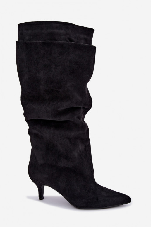 Orielle botas largas calentitas con volantes y tacones en color negro