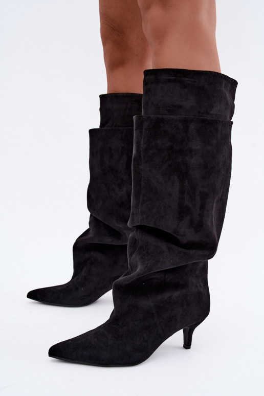 Orielle botas largas calentitas con volantes y tacones en color negro