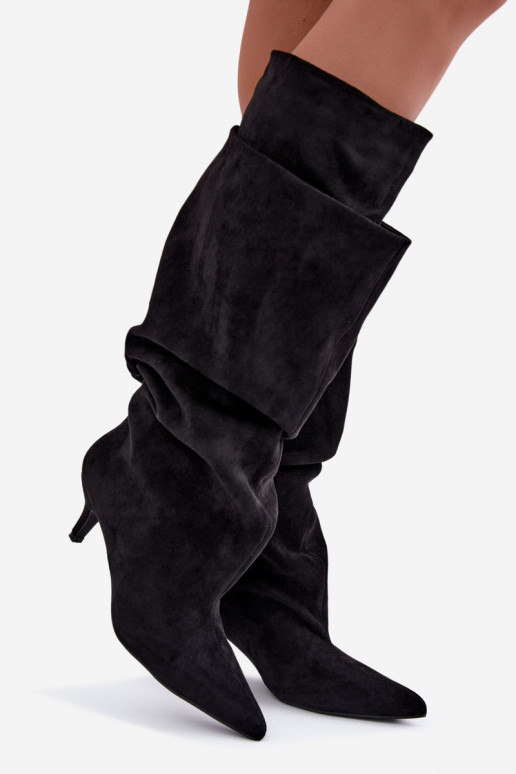 Orielle botas largas calentitas con volantes y tacones en color negro