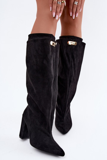 Botas altas forradas con doble caña y tacones, negras, de ante sintético Luminelle