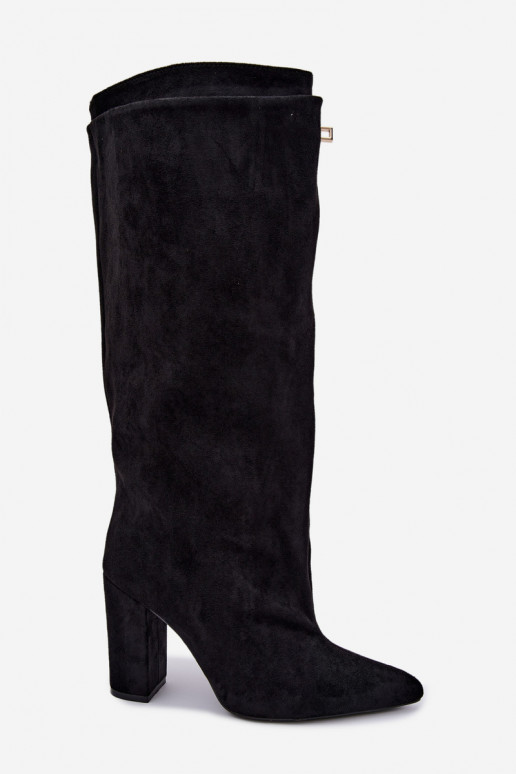 Botas altas forradas con doble caña y tacones, negras, de ante sintético Luminelle