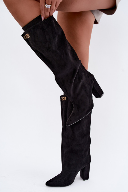 Botas altas forradas con doble caña y tacones, negras, de ante sintético Luminelle
