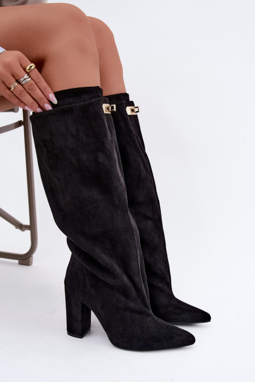 Botas altas forradas con doble caña y tacones, negras, de ante sintético Luminelle