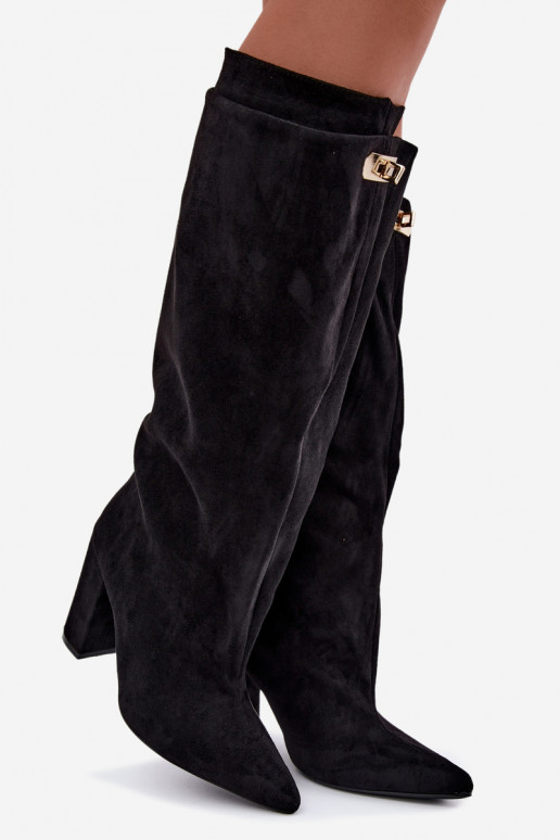 Botas altas forradas con doble caña y tacones, negras, de ante sintético Luminelle