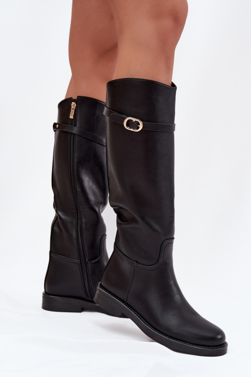 Botas negras de mujer sobre la rodilla con tacones anchos y hebillas doradas Sylvena