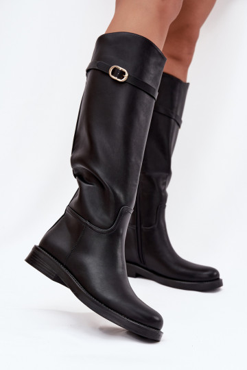Botas negras de mujer sobre la rodilla con tacones anchos y hebillas doradas Sylvena 2