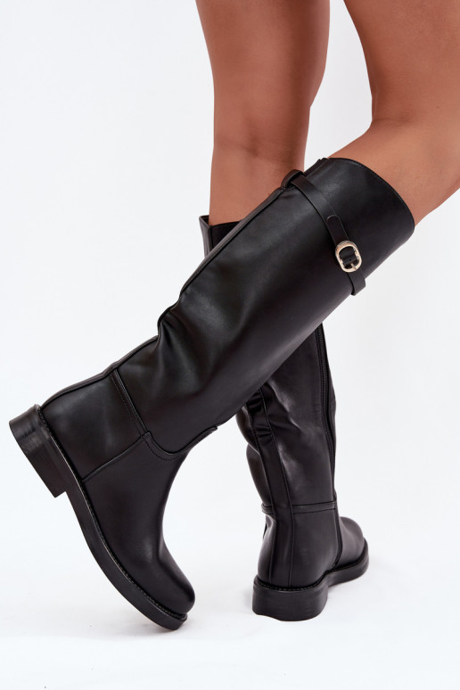 Botas negras de mujer sobre la rodilla con tacones anchos y hebillas doradas Sylvena