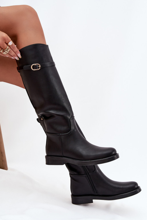 Botas negras de mujer sobre la rodilla con tacones anchos y hebillas doradas Sylvena